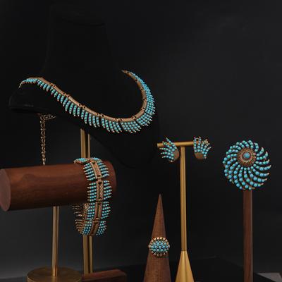 Medieval Vintage High Fashion Personality Temperament Copper Plated Old Gold Exaggerated Turquoise Necklace Set