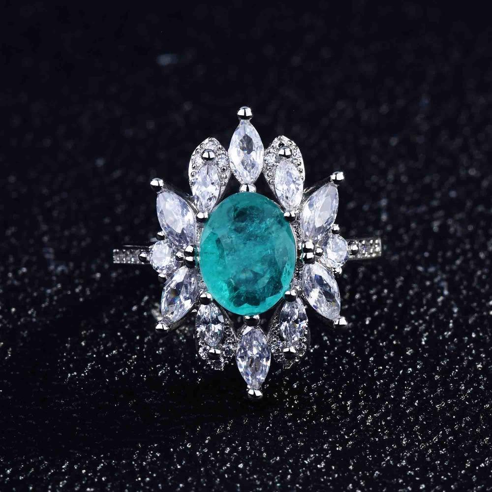 Open Ring Women Micro Paved Full Diamond High Carbon Pear Shaped Imitation Paraiba Ring