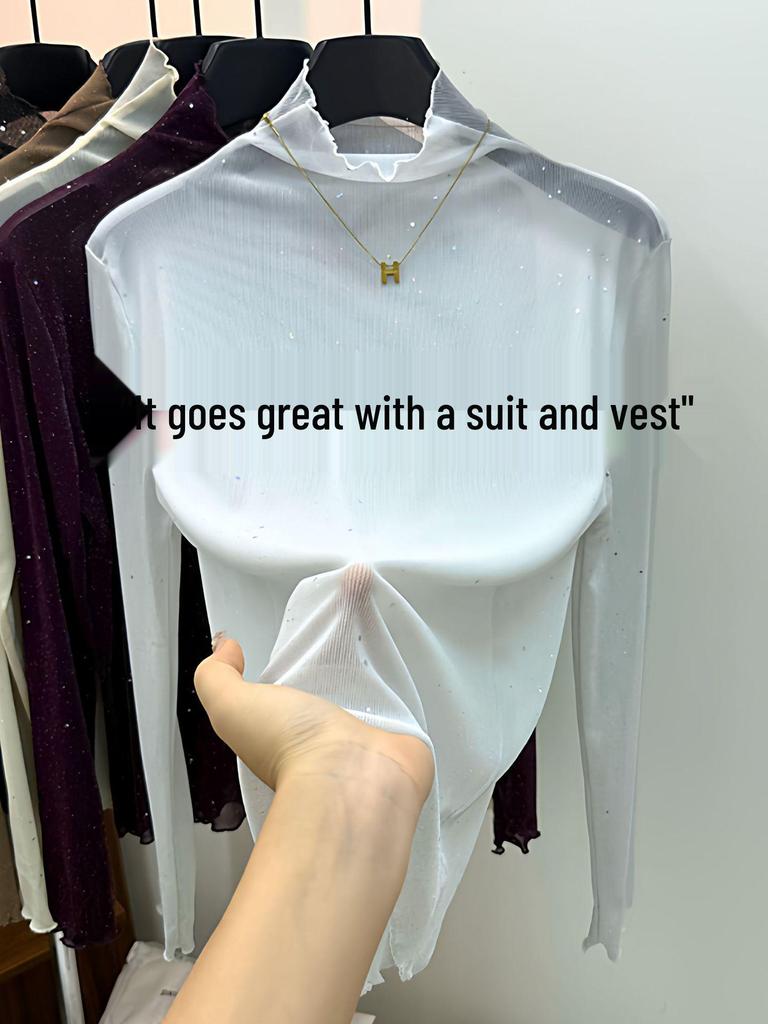 Purple Sequin High Neck Ruffle Lace Top - Women's Slimming Long Sleeve T-Shirt for Autumn/Winter Trends