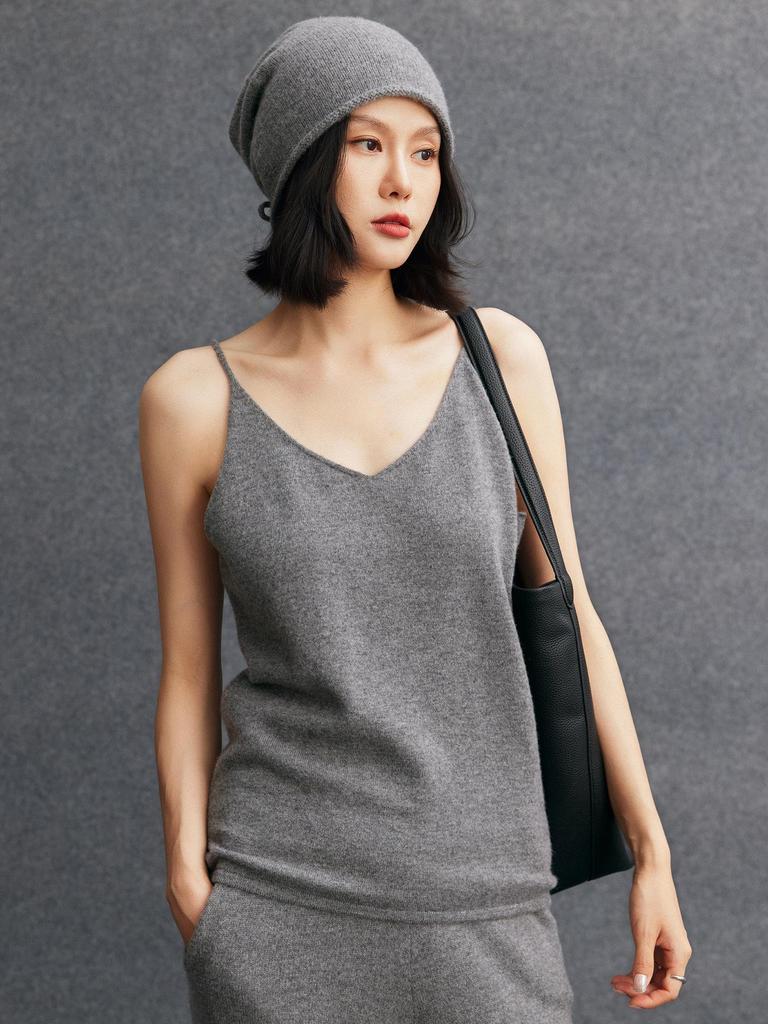 V-Neck Sleeveless Cashmere Knit Camisole Vest – Slim-Fit Women's Base Layer