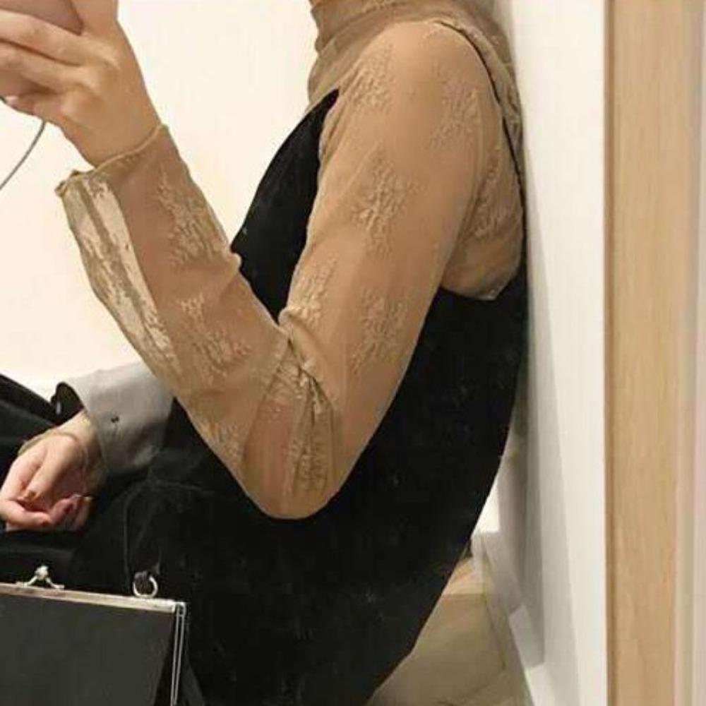 Mesh Lace Bottomed Blouse Hollow Lace Floral Shirts Elegant Transparent T-shirt Spring Autumn