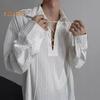 Men Shirt White Long Sleeve Lapel Lace-up Collar Pullover Tops Vertical Stripe Texture Decoration Casual Shirt Workwear