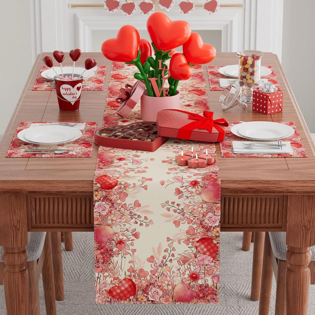 XCHI Wild Flowers Love Hearts Valentine’s Day Table Runner Table Decoration for Party Home Kitchen Dining Holiday Decor 13x72 Inch