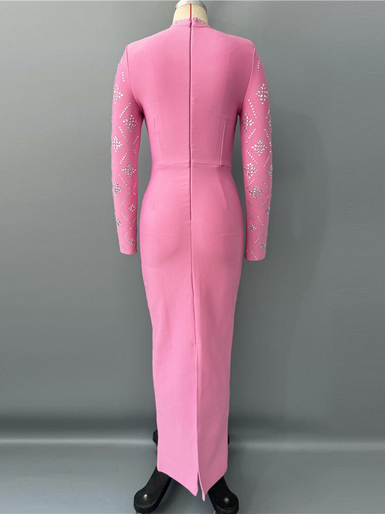 Elegant Western Retro Bandage Dress - Long Sleeve Evening Gown with Hot Drill Detailing