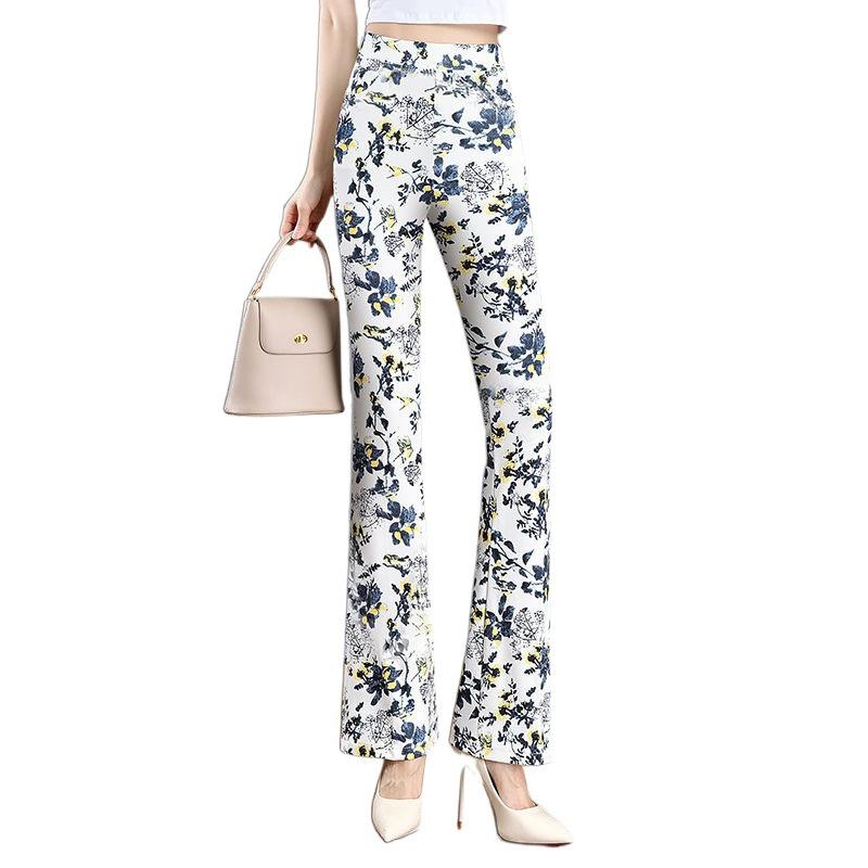 2024 Green Floral Plaid Slim Fit Stretch Flare Women's Summer Pants with Elastic Waist