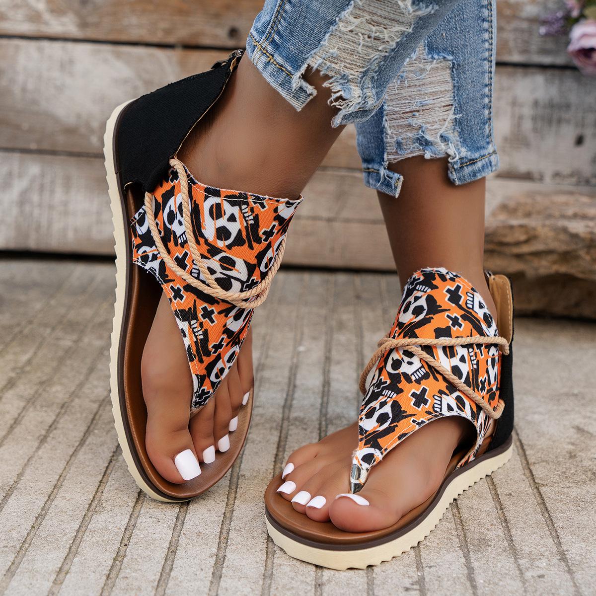

Large size 2024 summer new mid-toe printed flat sandals women s rear zipper beach sandals fashion 36