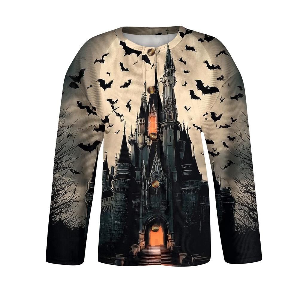 Women's Long Sleeve Knit Cardigan with Halloween Print Button Front