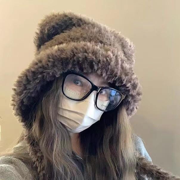 Bear knitted hat cute wool plush women's autumn and winter versatile warm plush big head circumference shows small face