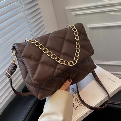 Texture Rhombus Solid Color Flap Shoulder Bag For Women Chains Decors Satchel Crossbody Bag