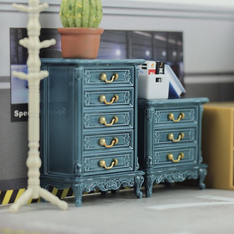 1/12 Dollhouse Miniature European Chest Of Drawers Bedroom Bedside Table Storage High And Low Cabinet Model DIY Life Scene Decoration