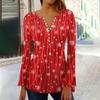 Women's Fashion Christmas Printed V-Neck Long Flared Sleeve Pleated Button T-Shirt Top
