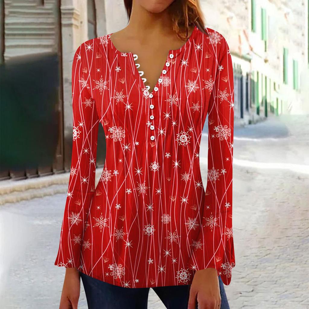 Women's Fashion Christmas Printed V-Neck Long Flared Sleeve Pleated Button T-Shirt Top