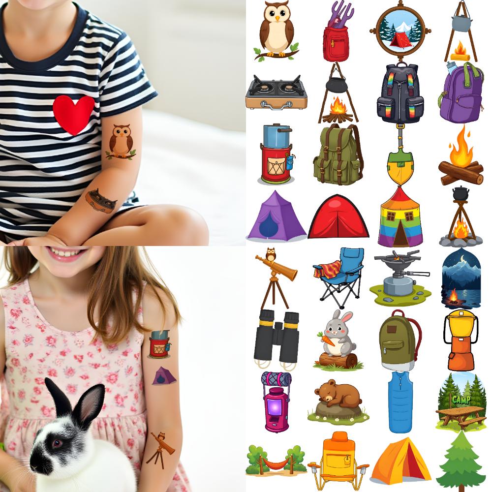 63pcs Temporary Tattoo Campfire Lantern Cartoon Camp Tent Backpack Waterproof Long-lasting Body Stickers For Cheeks Shoulders