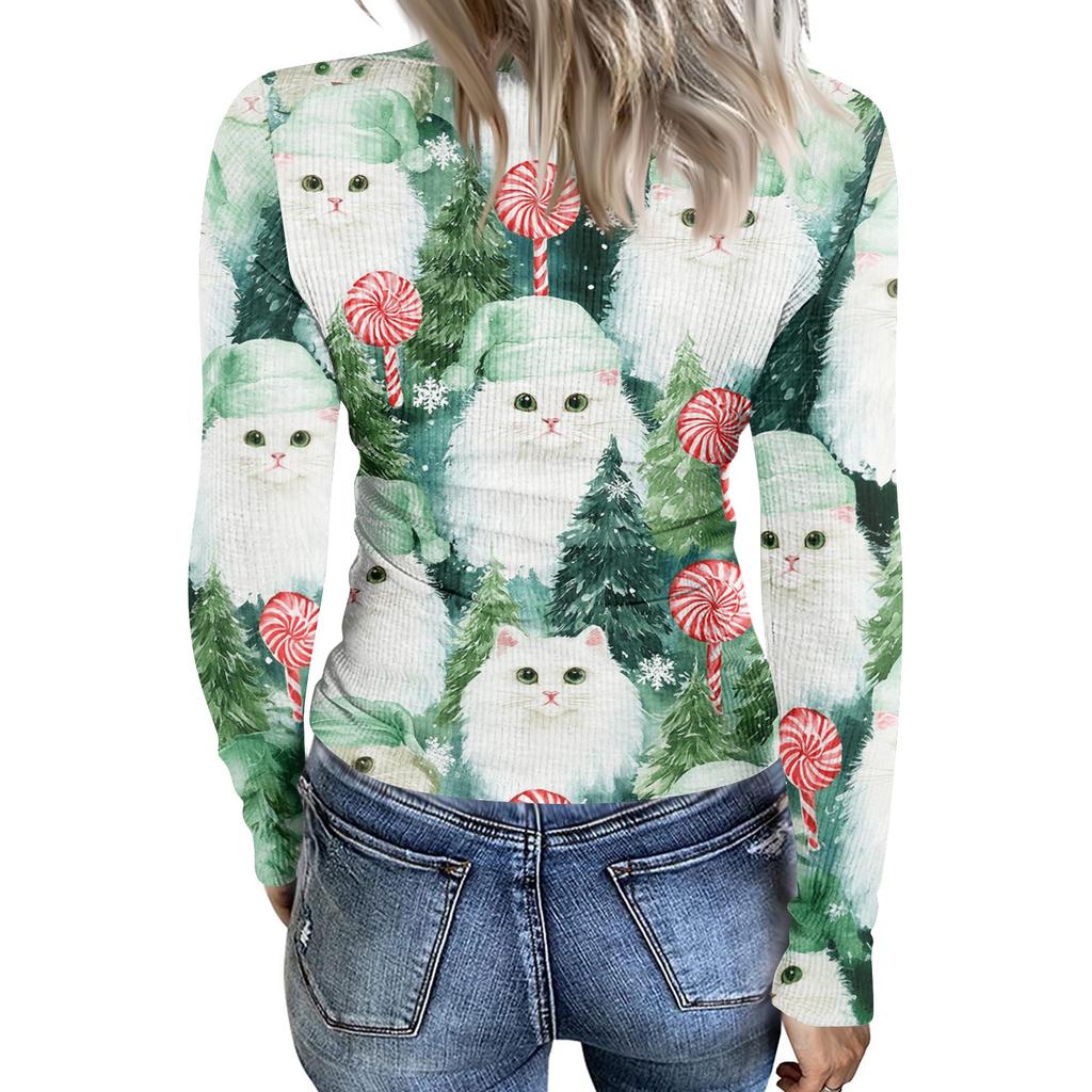 Women's Casual Christmas Print Long Sleeve Ribbed Knit Top with Round Neck