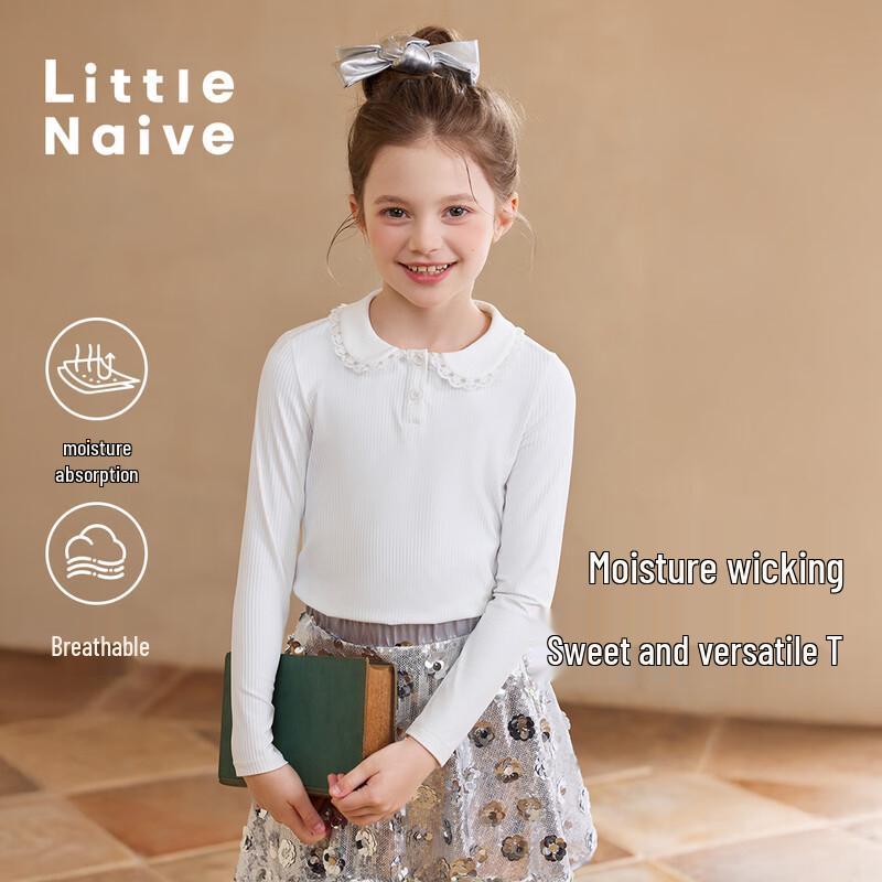 Little Naive Girls' French Style Lace Collar Long Sleeve T-Shirt