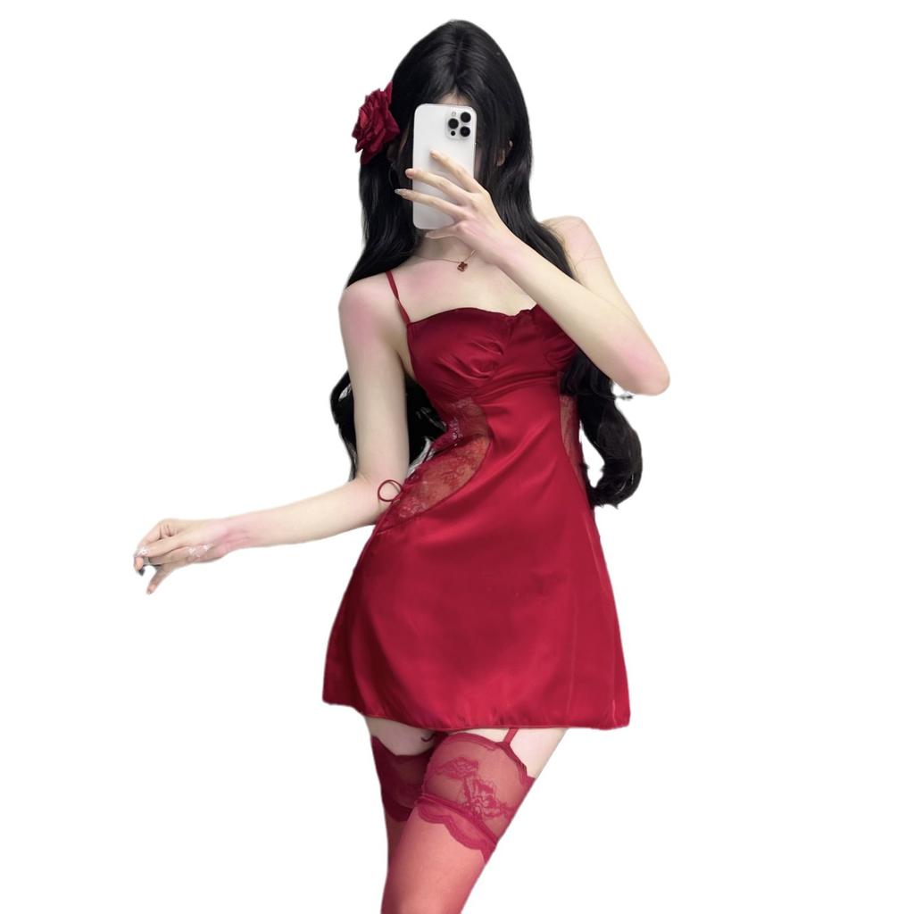 Sex Underwear, Sexy Pure Desire Wind Lace Pajamas, Seductive Perspective Plus Chest Pad, Steel Ring Gathering Suspender Pajamas