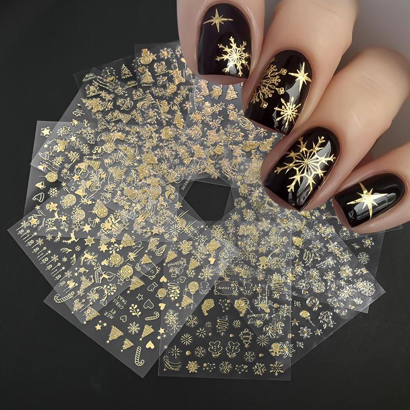 1Sheet Gold 3D Christmas Nail Foil Stickers Sparkling Snowflake Christmas Tree Snow Globe Snowflake Nail Slider Nail Stickers
