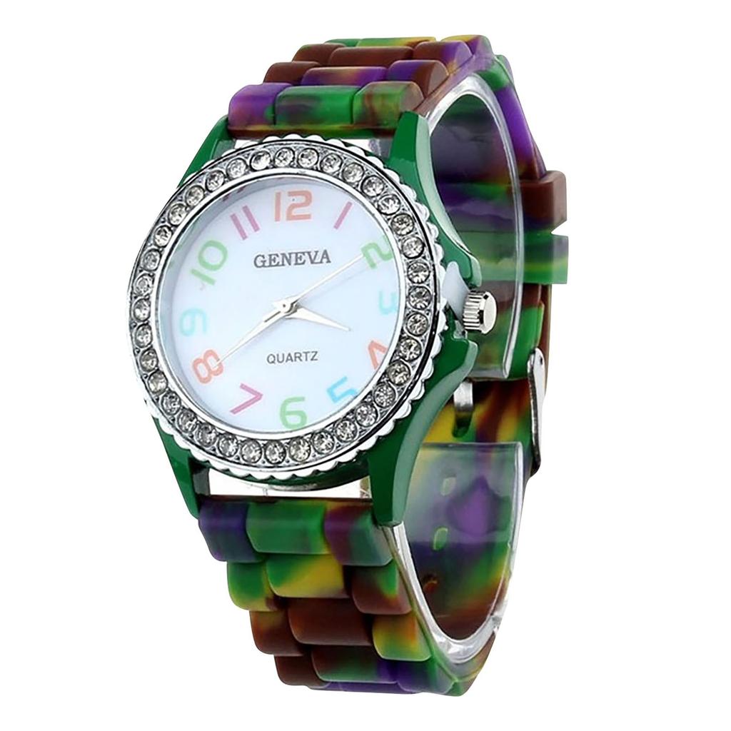 Girls’ Silicone Camouflage Watch Crystal Bling Quartz Wrist Watch Fashion And Cool Casual PU Strap Round Dial With Diamond Watch