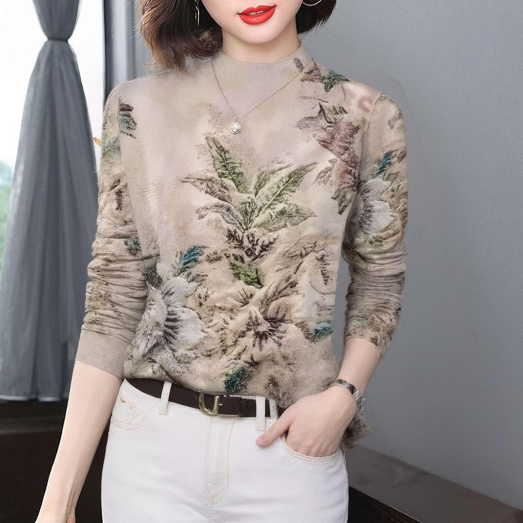 Women's Winter Printed Fleece-Lined Long-Sleeve T-Shirt, Age-Reducing, Tummy Concealing, Semi-High Neck - Ideal for Middle-Aged and Elderly Moms.