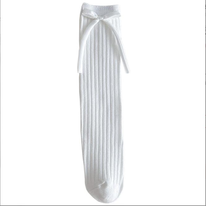 New Sweet Princess Mid-Calf Socks for Girls - Solid Color Bow Style for Autumn and Winter