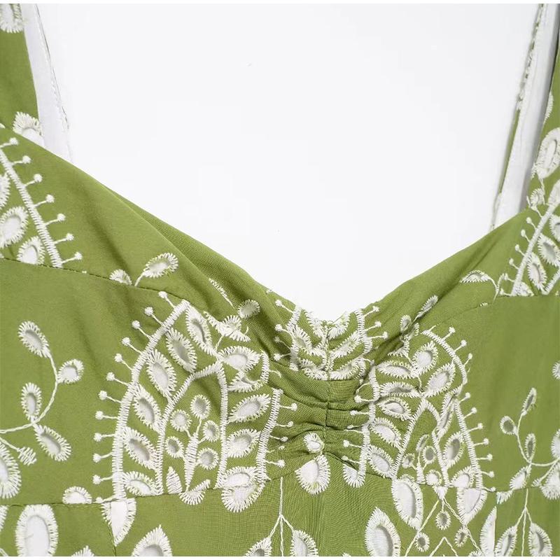 Printed Hollow Out Sling Women Dress Elegant Green Sleeveless Backless High Waist Dresses Female Summer Lady Beach Robe