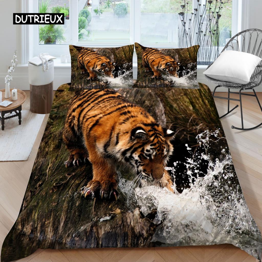 3D Bedding Set Black Duvet Quilt Cover Set Comforter Cover Pillowcase King Queen Size Animal Tiger Printed Polyester Quilt Cover