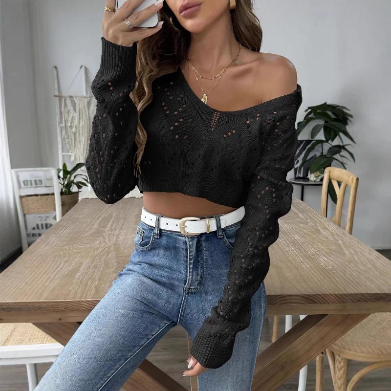 Suéter de punto con cuello polo y ombligo descubierto para mujer, tops cortos para primavera y otoño, solapa nueva