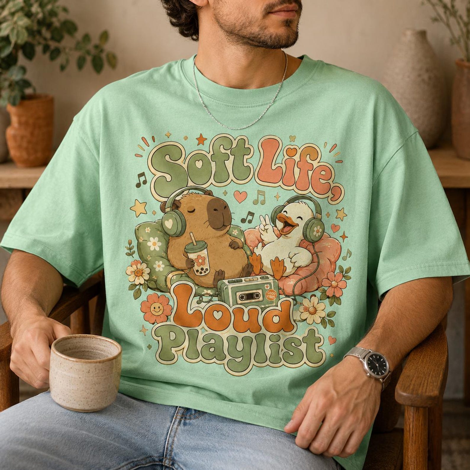 Soft Life Loud Playlist Shirt, Capybara Duck Comfort Colors Tee, Retro Music Graphic 4XL