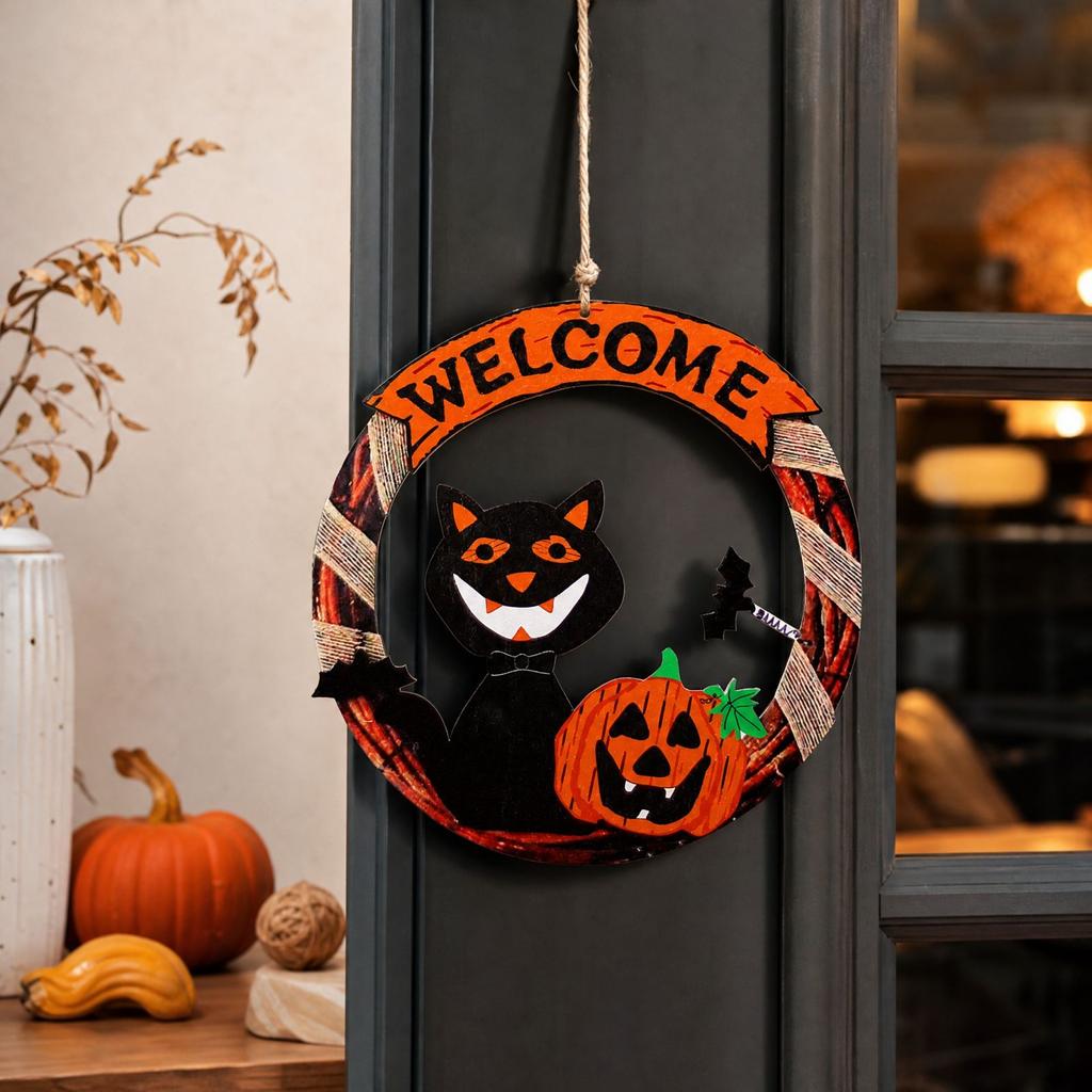 Halloween Round Wooden Door Sign Hanging Decoration for Party Decor and Scene Setup