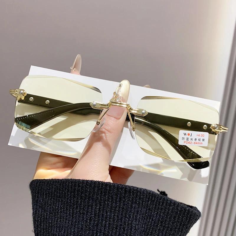 Fashionable And Trendy Frameless Square Cut Edge Reading Glasses Blue Light Blocking Eye Protection Night Vision Glasses