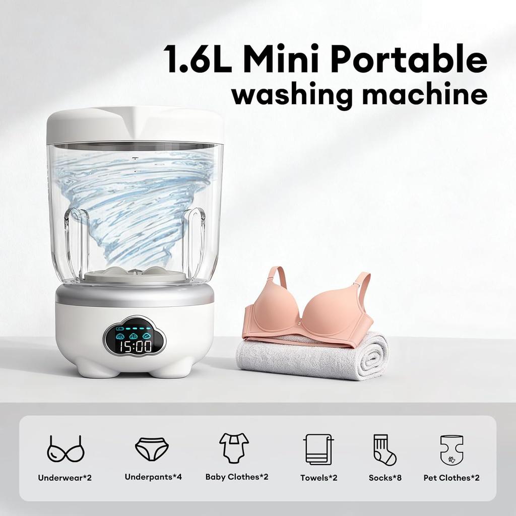 Mini Washing Machine Portable,Compact Washer with 3000mAh Rechargeable Battery – Cordless Portable Small Washing Machine for Underwear,Baby Clothes