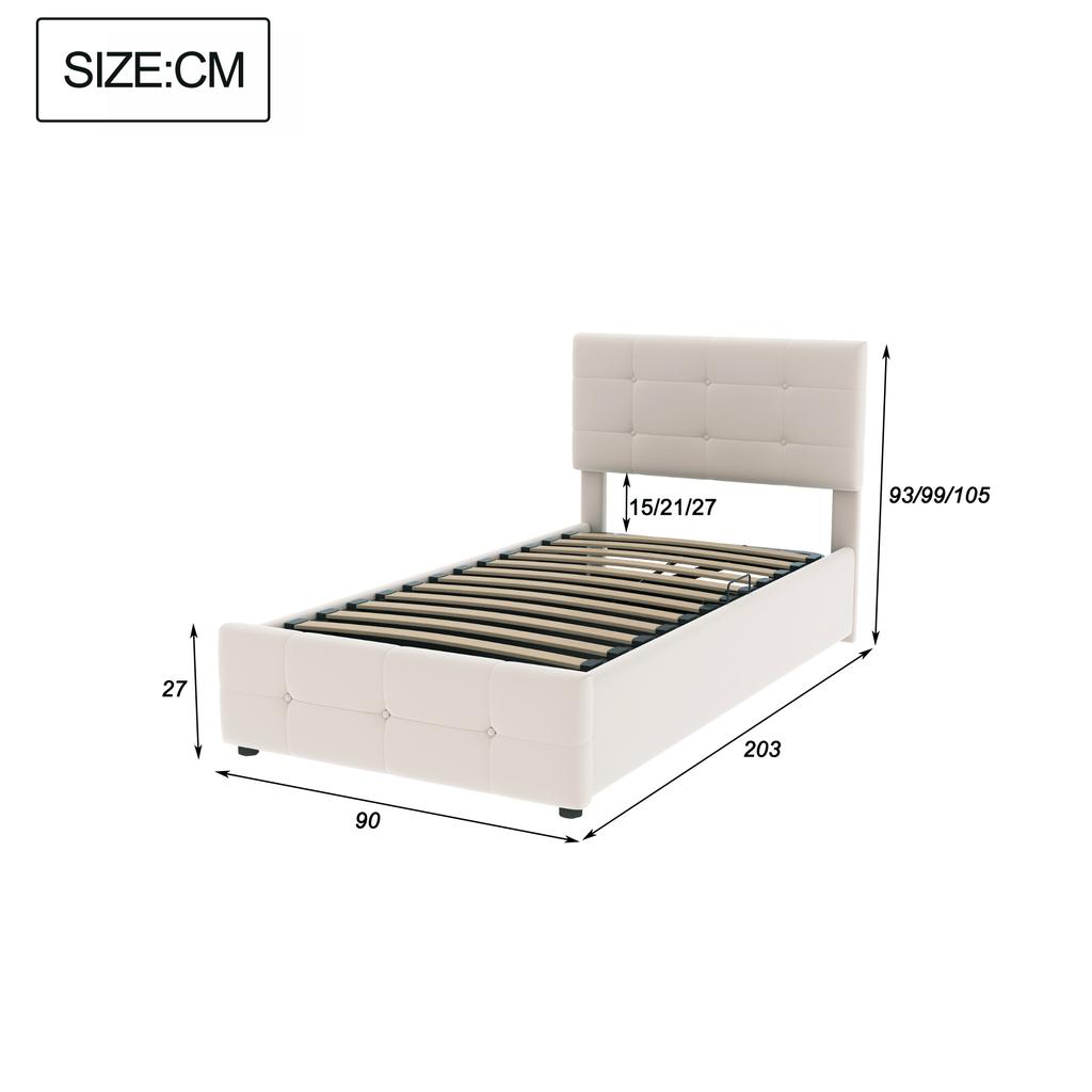 Upholstered Bed Children's Bed 90x200 Cm, Hydraulic Storage Bed, Height-Adjustable Headboard, Single High Box Bed, Velvet Fabric, Beige