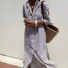 Women's Striped Shirt Dress Midi Length Button Front Belted Turn Down Collar Casual Dress