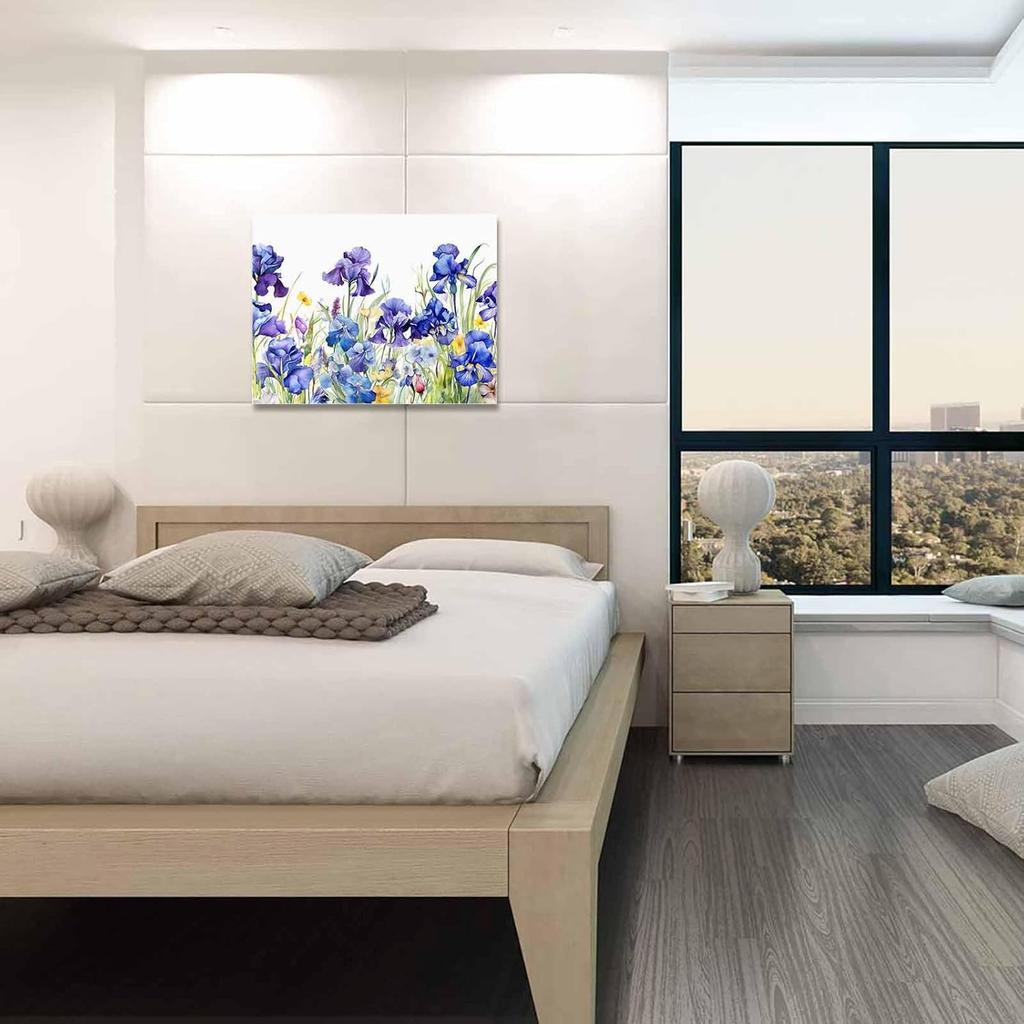 Savannan DIY Paint by Numbers, Spring Summer Iris Flowers Floral Leaves Pastoral Purple Blue Framed Canvas Acrylic Painting Kit Drawing Paintwork for