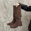 High Heel Pointed Brown Knight Boots Women's Suede Boots Long Boots Medium Tube Pile 2025 Fall Winter Long Boots Skinny