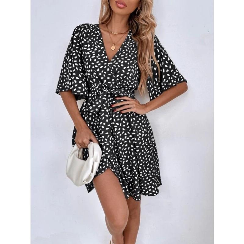Fashion Polka Dot Printed Summer Dress Short Sleeved V-neck Lace-up Slim Waist Versatile Casual Loose Simple A-line Party Short Dress Elegant Female