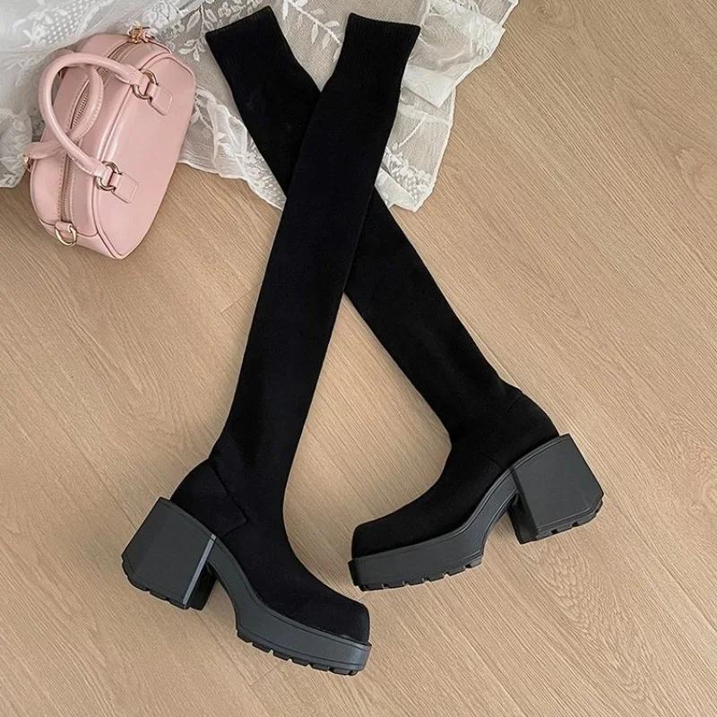 Módní Velikost 35-40 Zimní Dámské Kozačky Nad Koleno Strečové Pletené Silné Podpatky Dlouhé Kozačky Dámské Nazouvací Platformové Boty