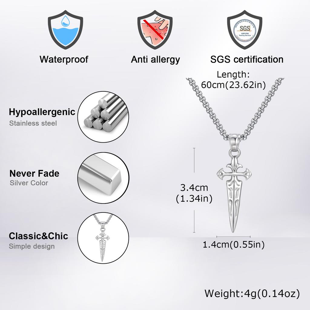 Fashion Punk Cross Sword Pendant Necklace for Men, Gold Silver Color Stainless Steel Chain Necklace, Creative Cool Jewelry
