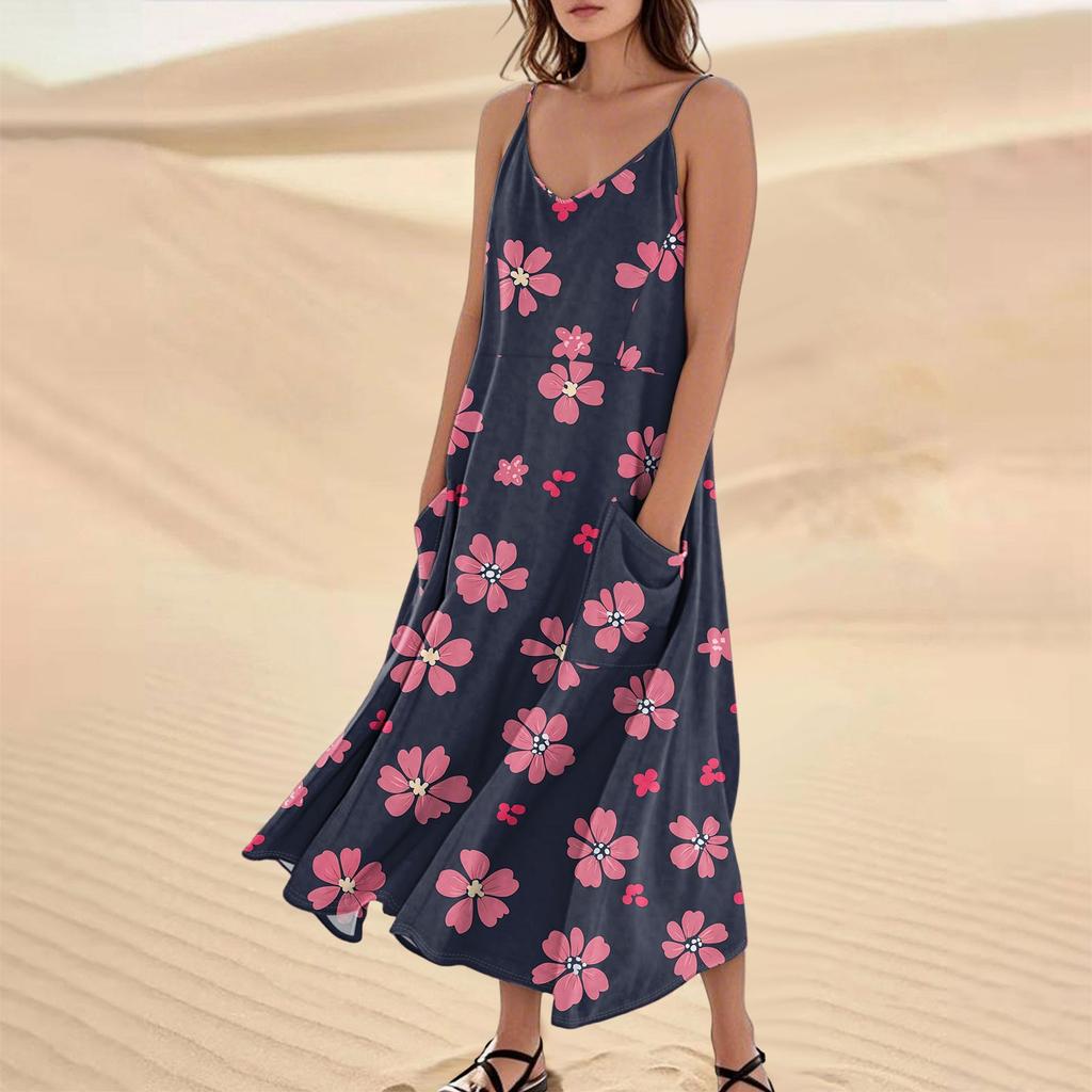 Women's Casual V Neck Floral Print Sleeveless Pocket Suspender Dress