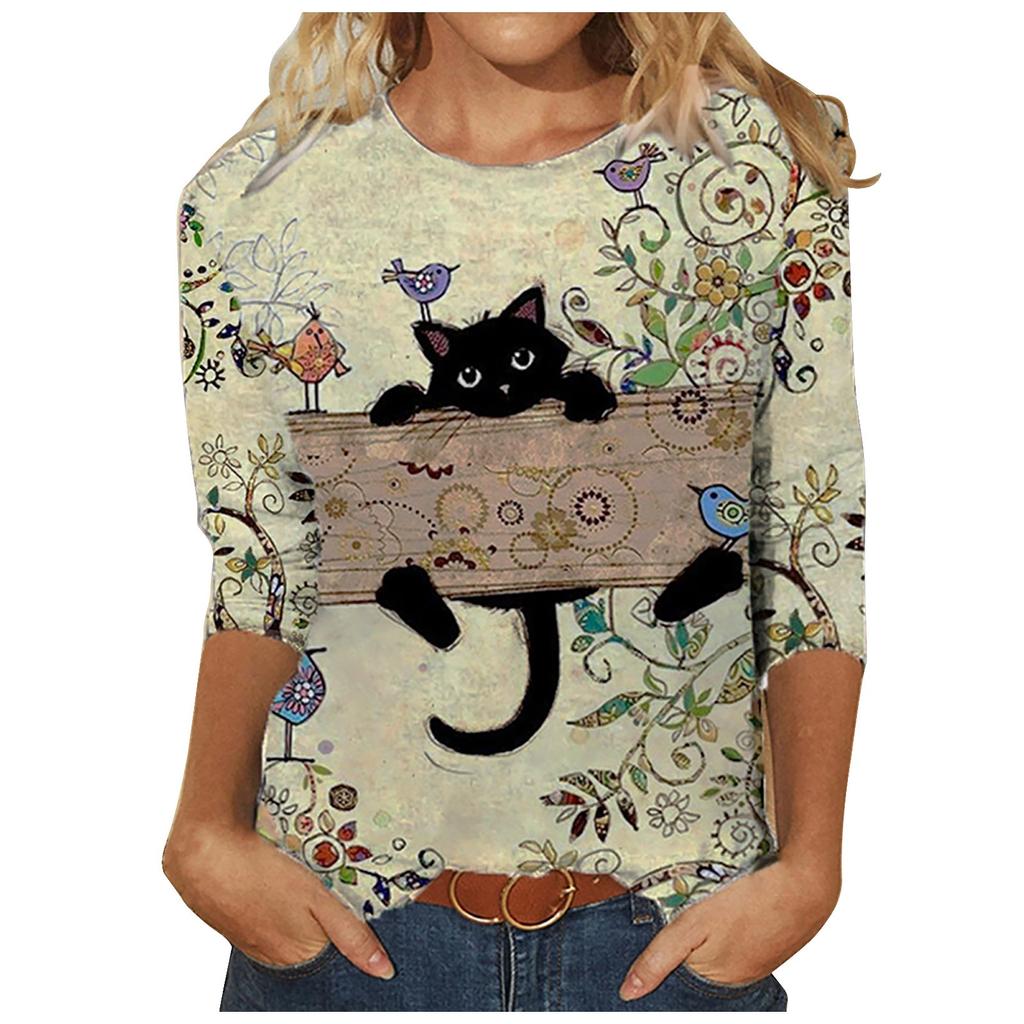 Women's  Casual Fashion Round Neck Print Long Sleeve Pullover T-shirt Tops