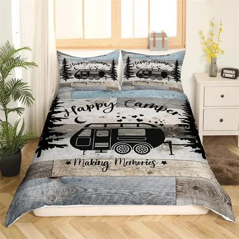 

Comforter Rustic Farmhouse Style Old Barn Door Comforter Happy Camper Print Black Sketch Drawing Comforter (quilt)-EU Single(135*200cm)3pcs