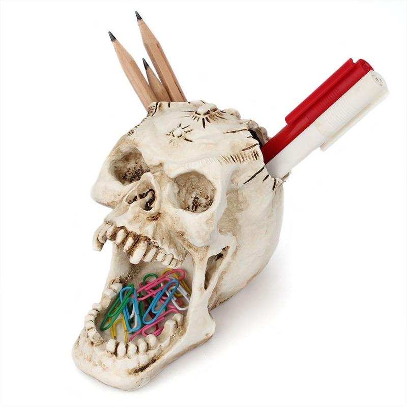 Skull Pen Holder Makeup Brush Holder Skull Pencil Organizer Pot Spooky Goth Decorations Skull Key Holder Trick or Treat Decor