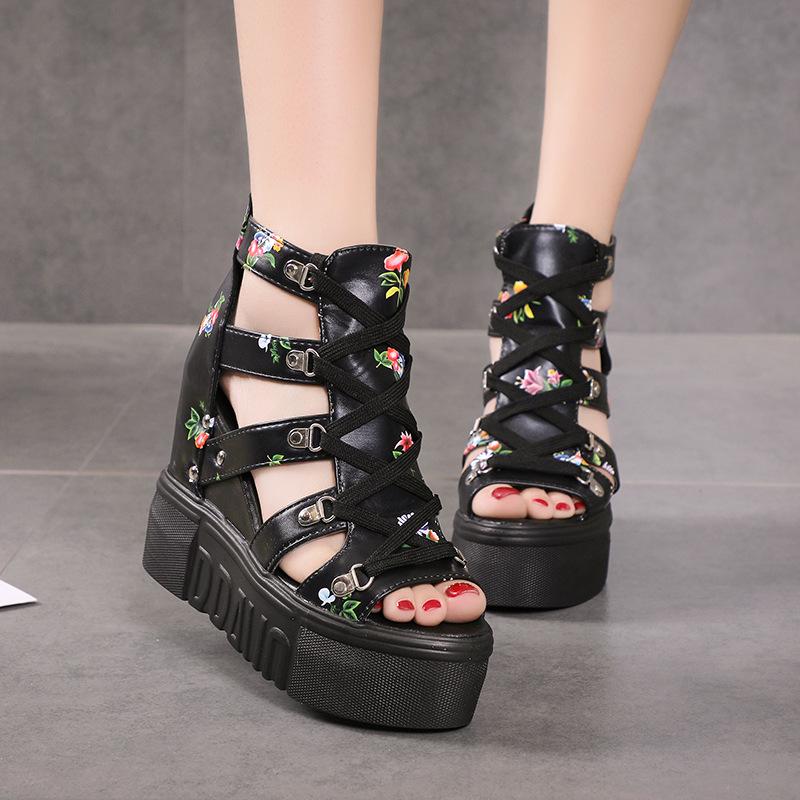 2025 Summer Women's Roman High Heel Sandals - Color Block Cross Straps, 12cm Wedge, Peep Toe