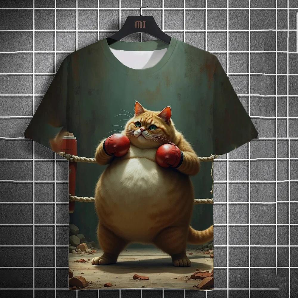 3D Fitness Cat Print Short Sleeve T-Shirts Oversized Clothing Summer Street Casual Top Fun Animal Men's T-shirts