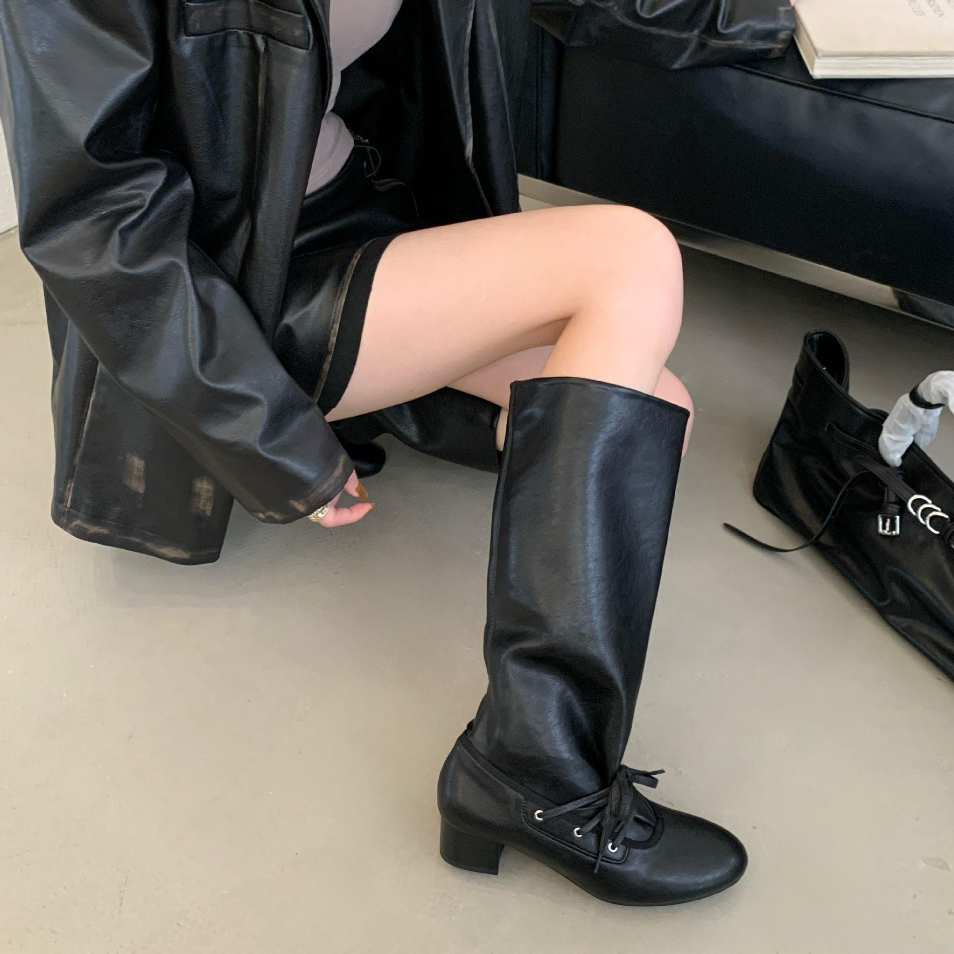 

Skinny high-heeled boots 2025 autumn and winter new thick-heeled lace-up wrinkled stacked high boots women s Martin leather boots 35