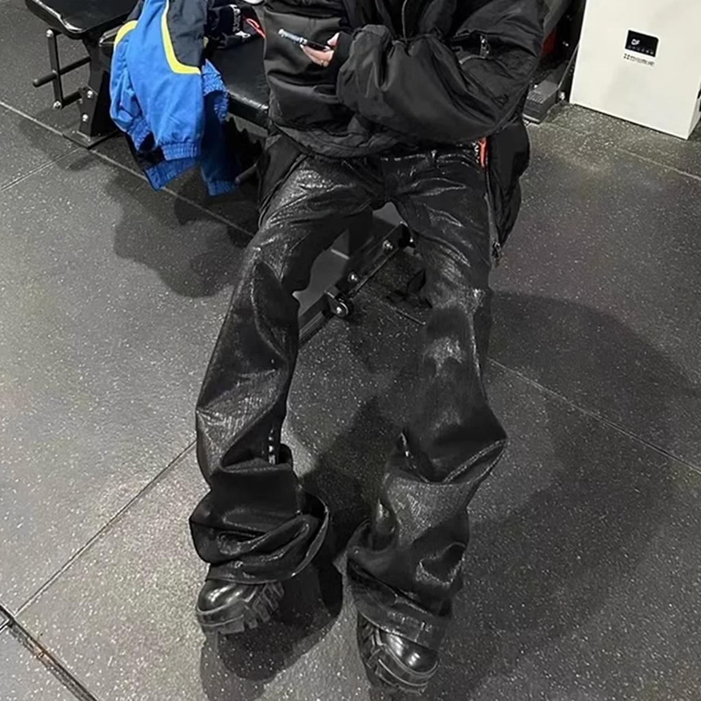 RogueWave Streetwear Schwarze Wachsleder Stretch Jeans für Herren Ropa Hombre Baggy Y2k Schlaghosen Übergroße Gerade Denim Hose