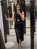 Women's European and American Style Sleeveless Midi Dress with Belt - Sexy Crew Neck for Spring
