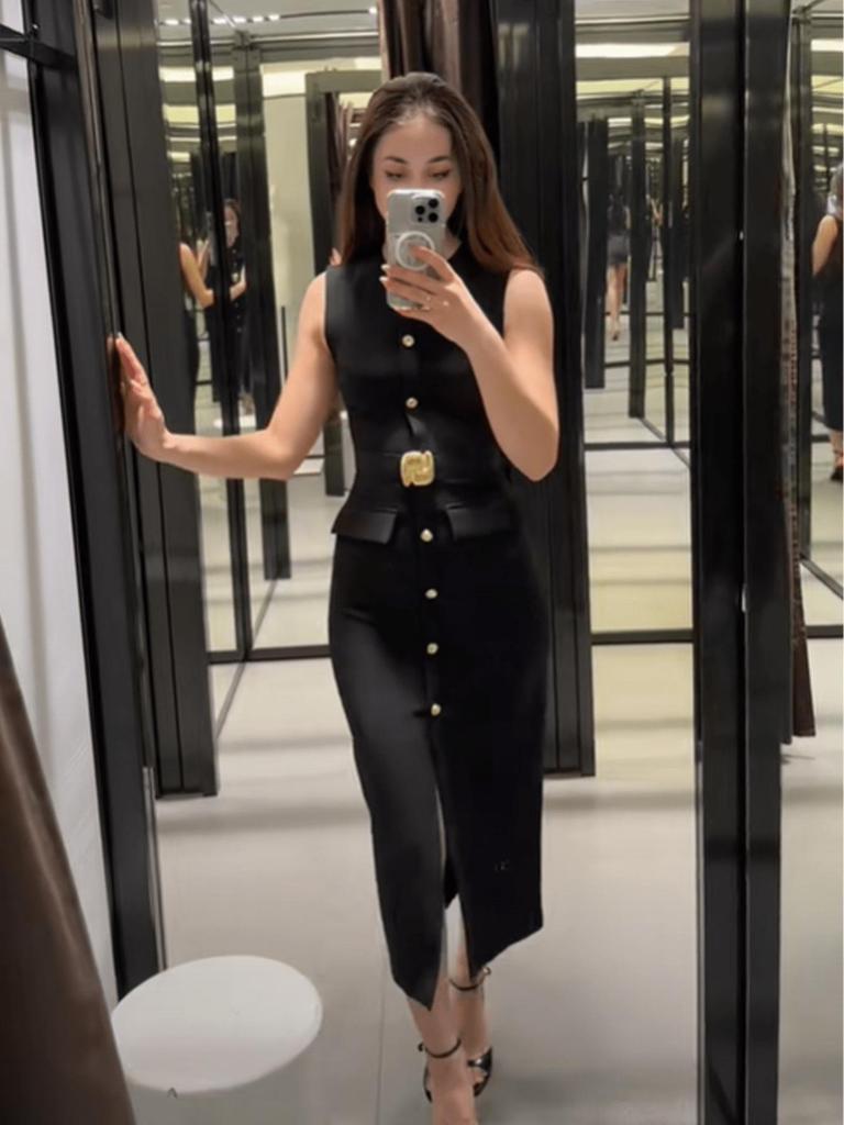 Women's European and American Style Sleeveless Midi Dress with Belt - Sexy Crew Neck for Spring