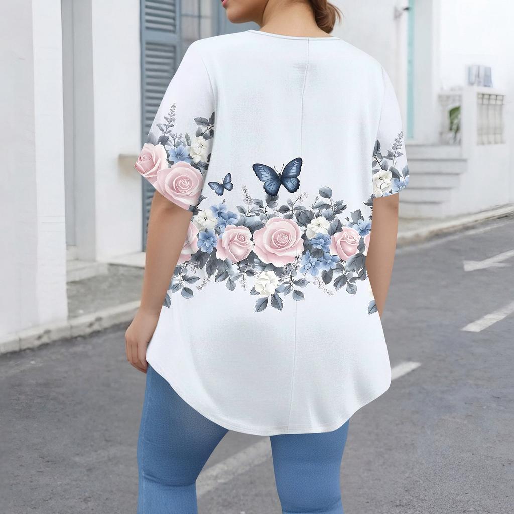 Women's Fashion Large Size Round Neck Short Sleeve Casual Print Loose Pullover Top