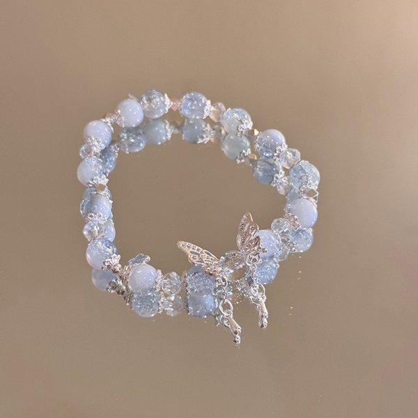Niche Design Starfish Chain Tassel Bracelet for Women Fantasy Gradient Blue Crystal Beads Elastic Rope Bracelet Student Jewelry